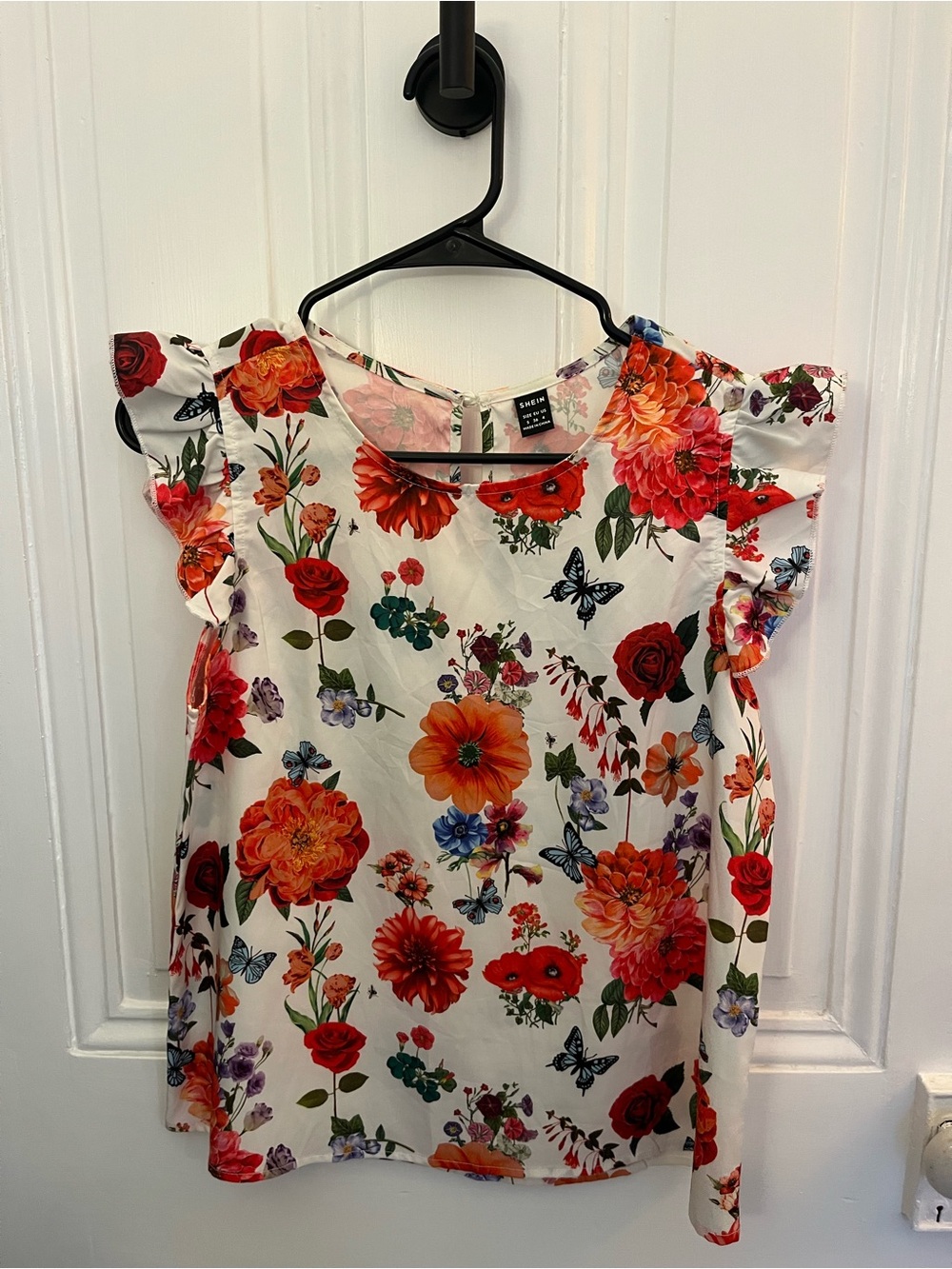 SHEIN White Floral Ruffle Sleeve Blouse with Red & Orange Blooms